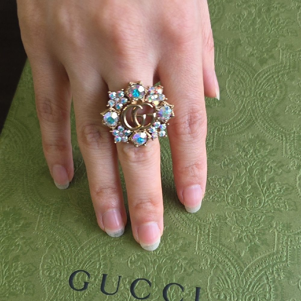 Gucci Gold GG Crystal Floral Brooch in Iridescent Multi - Picture 6 of 7